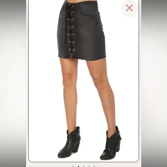 NWT L’AGENCE Portia black denim lace up front mini skirt 25 - Picture 3 of 8
